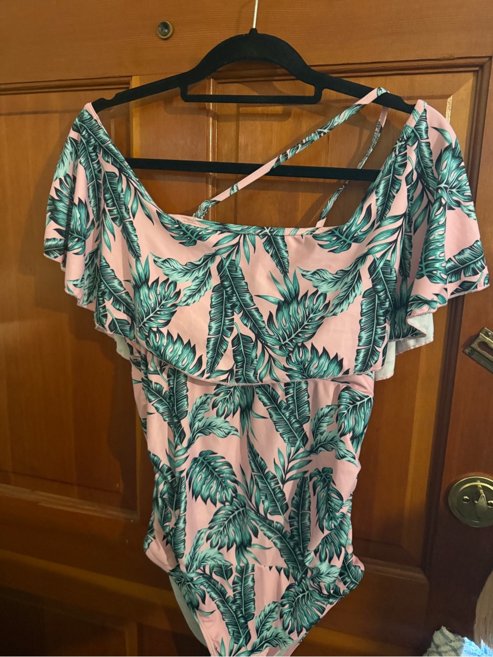 Pink Tropical Off-Shoulder One-Piece Swimsuit with Green Leaf Print